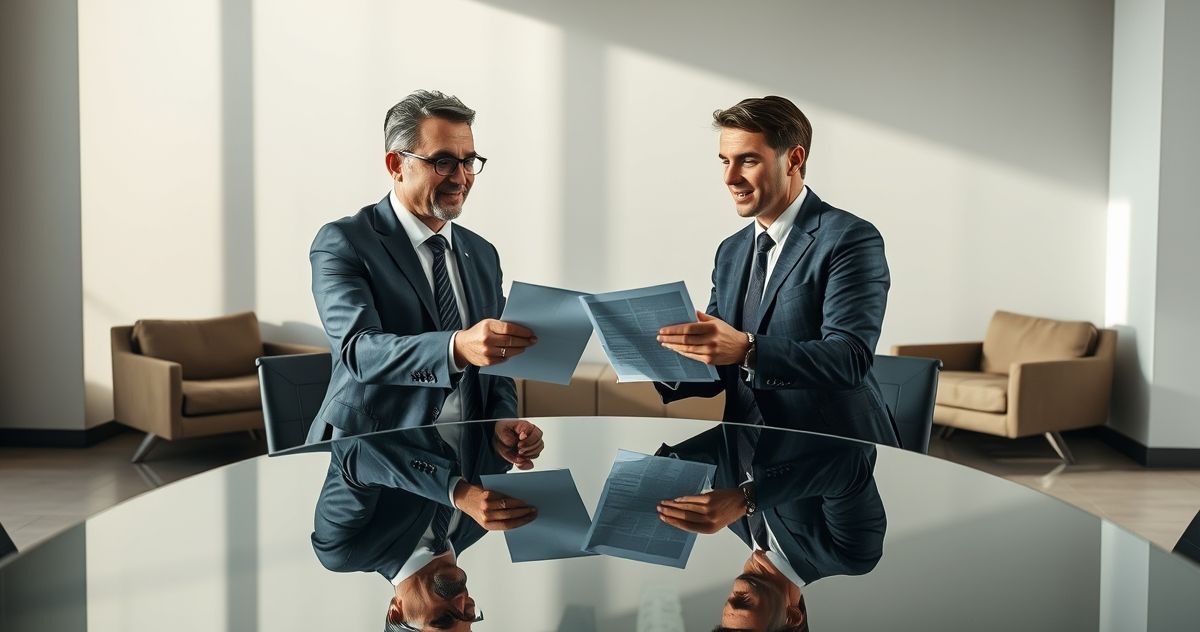 Two financial professionals exchanging life insurance documents in a modern office setting representing a 1035 exchange