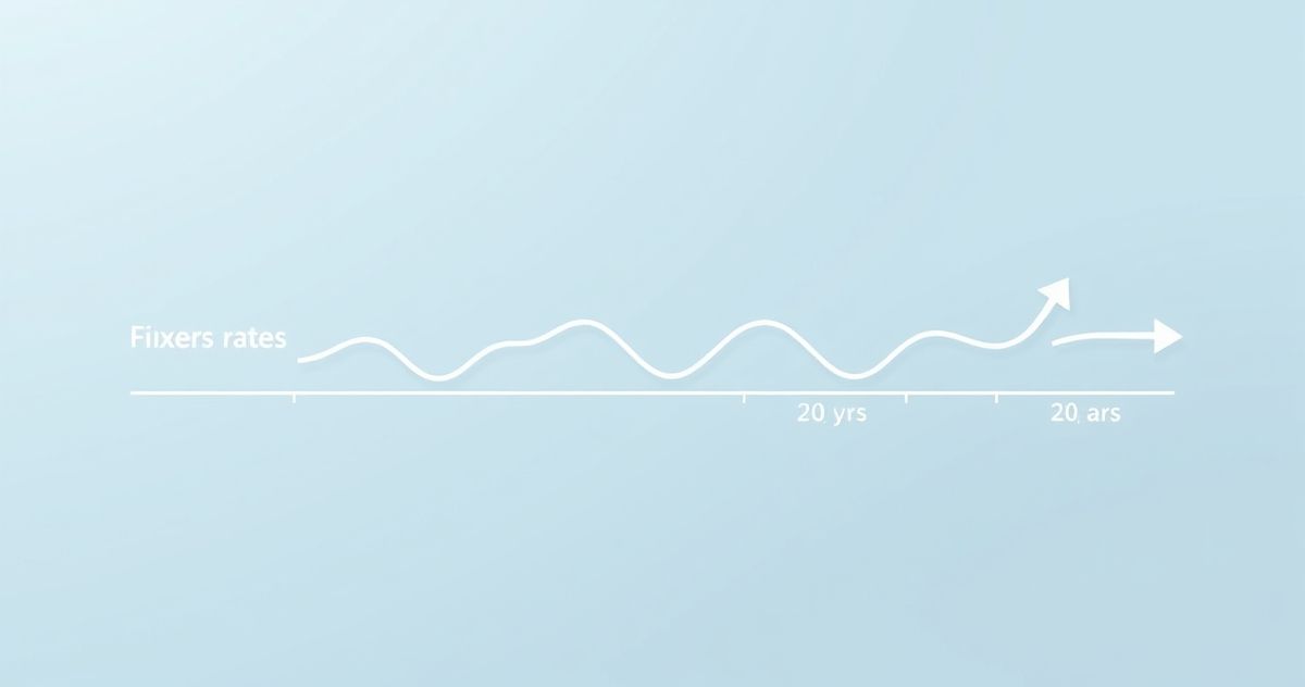 Graphic showing a mortgage interest rate that remains stable for five years then adjusts, with upward and downward arrows indicating potential changes, set against a professional financial backdrop.
