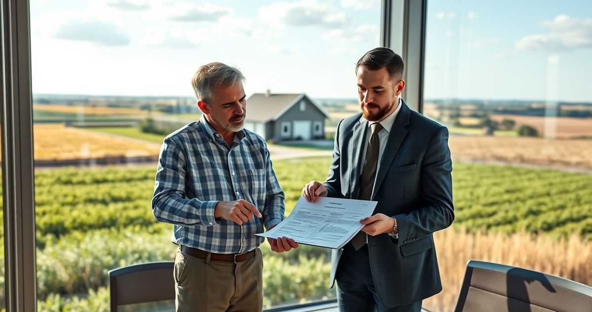 A financial advisor and a farmer discussing mortgage documents with a farm landscape in the background.