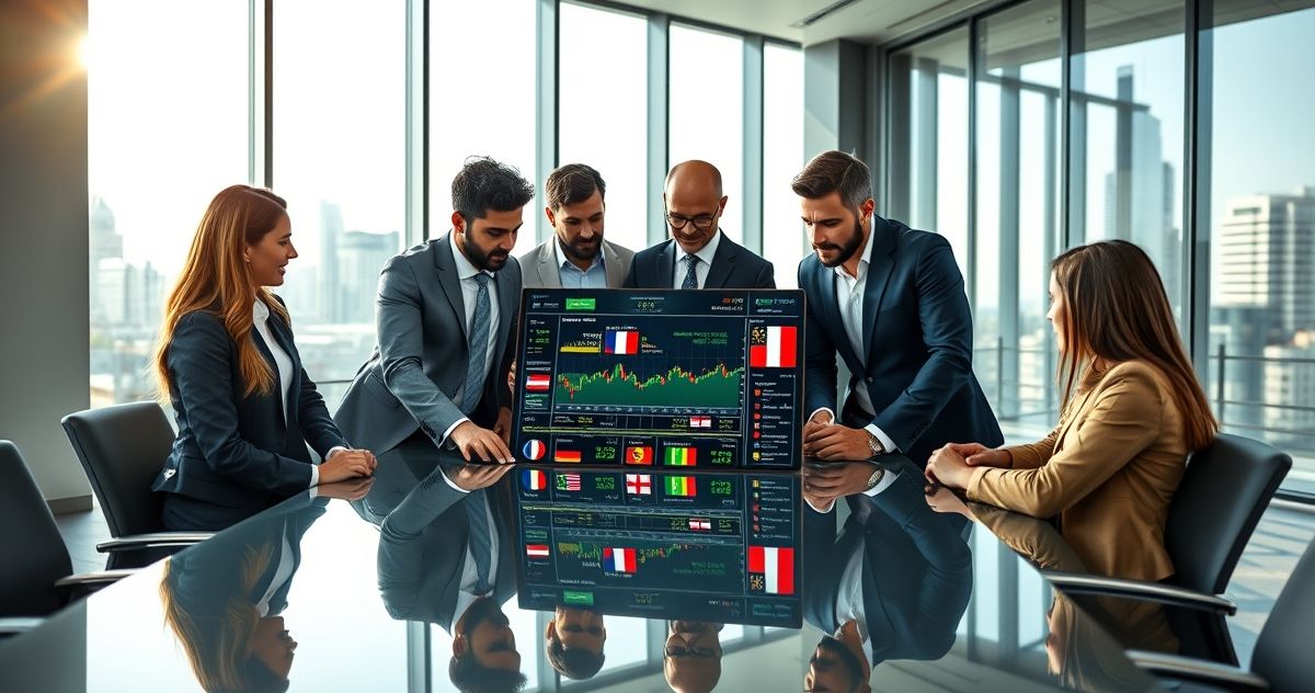Financial professionals reviewing international stock data with ADR symbols on a digital tablet in a modern office