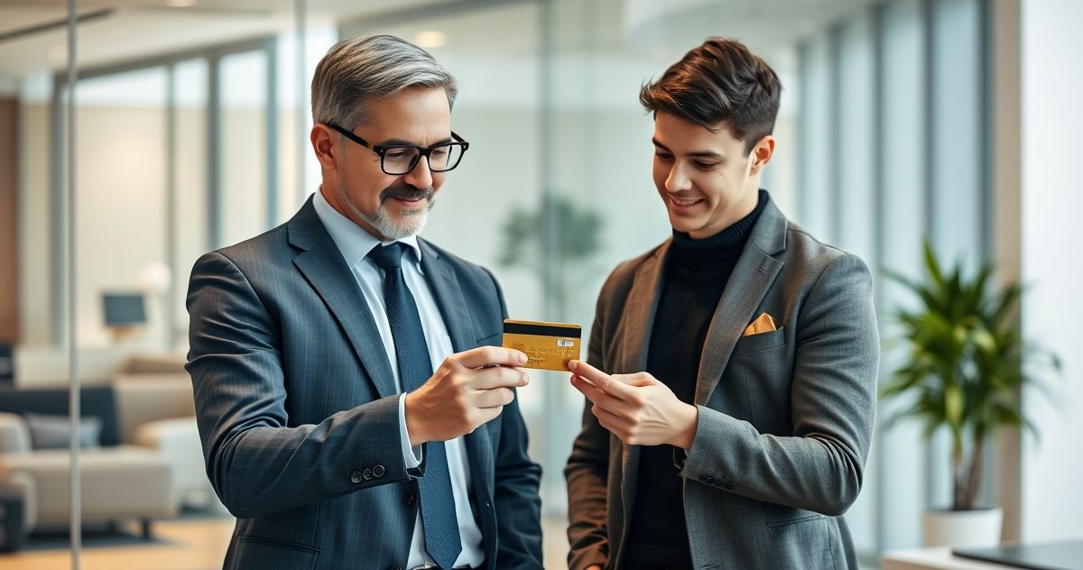 An authorized user receiving a credit card from a primary cardholder in a modern office, representing shared financial access without legal liability.
