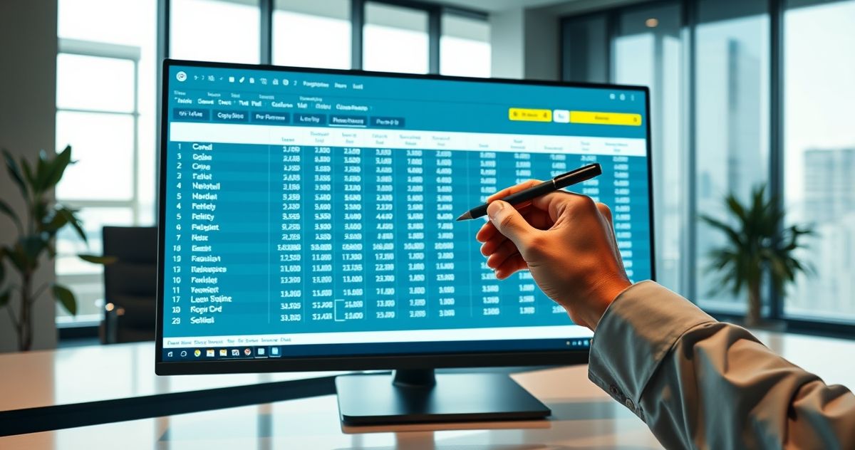 A close-up of a digital spreadsheet displaying a detailed business debt schedule with a professional hand pointing to a row, set in a modern office.