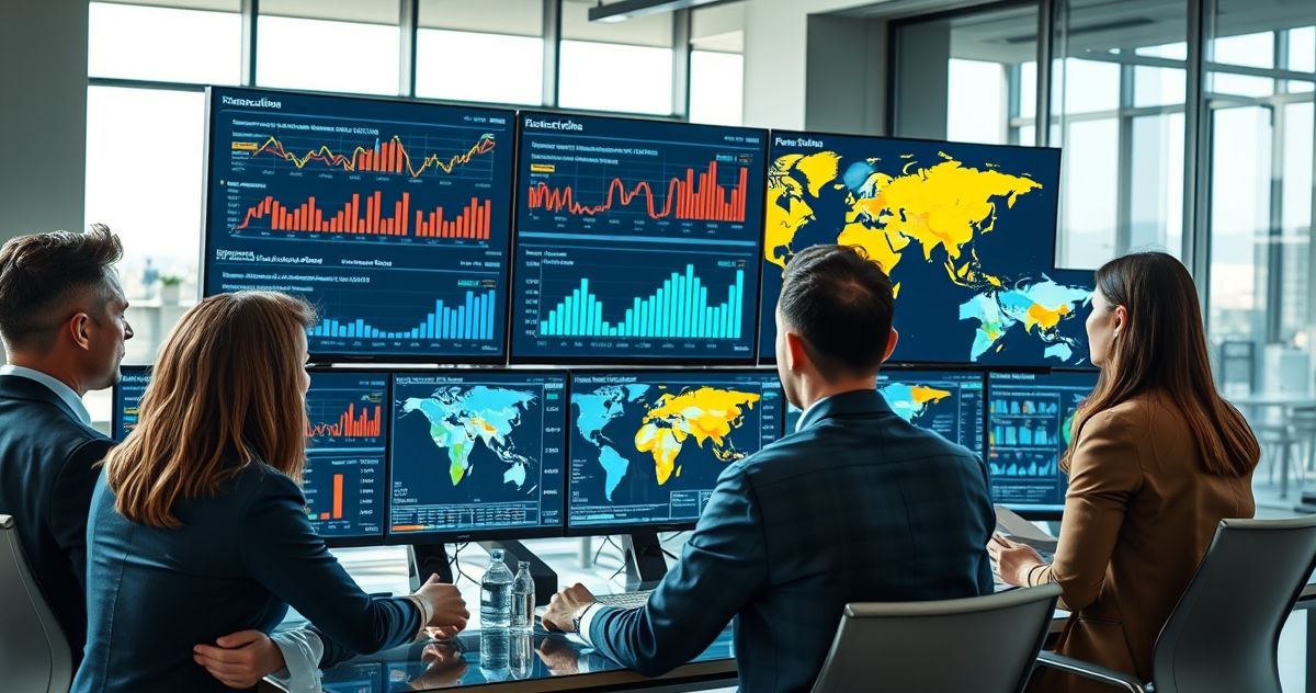 Group of diverse business professionals reviewing sales volume charts and state maps on digital monitors in a modern office.