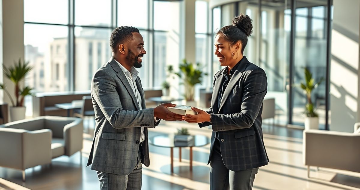 Two professionals exchanging goods directly in an office setting symbolizing barter trade