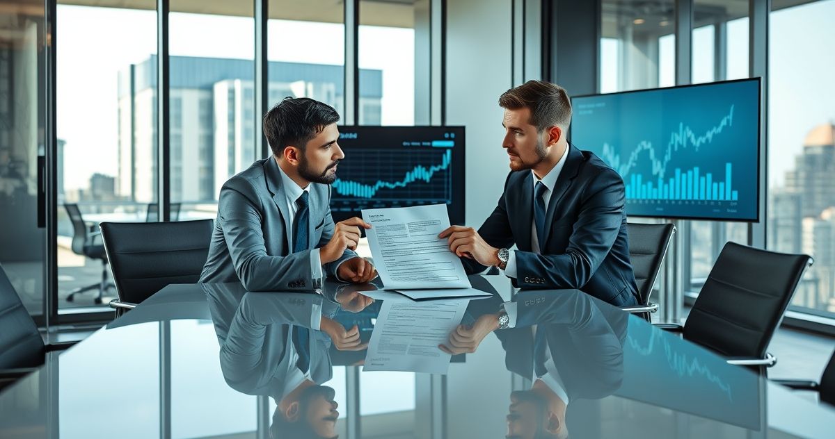 Business professionals analyzing callable bond details together in a corporate office setting