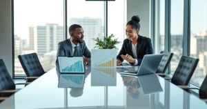 Financial advisor explaining capital gains planning to a diverse couple with charts and laptop in a modern office.