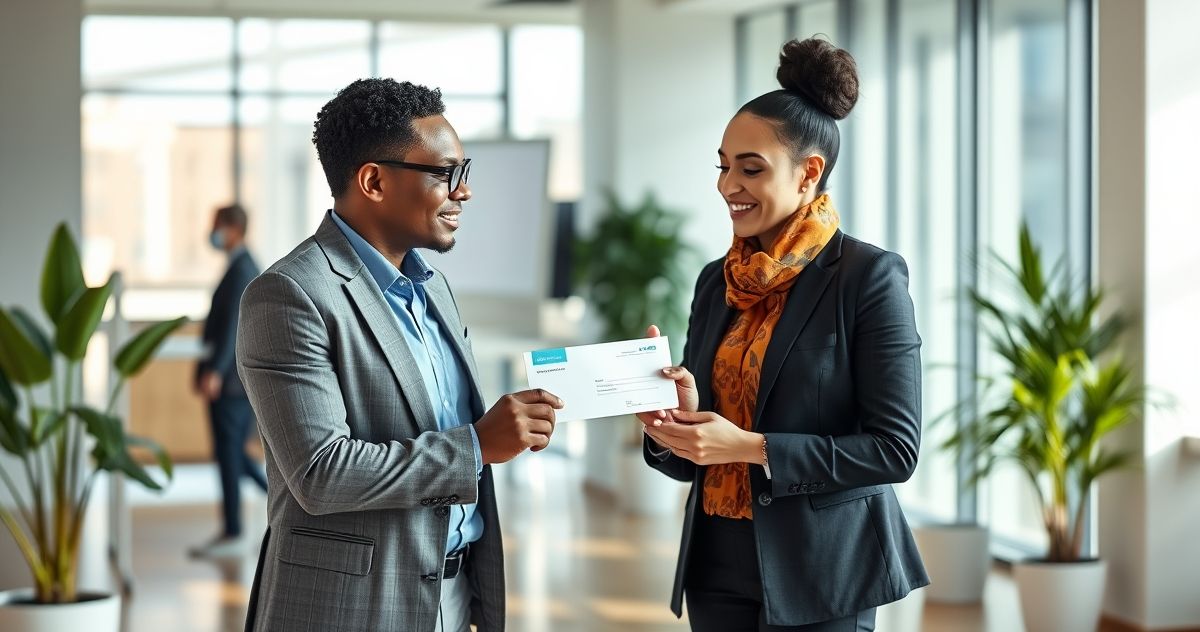 Professional donating to a representative of a charitable organization in a bright office