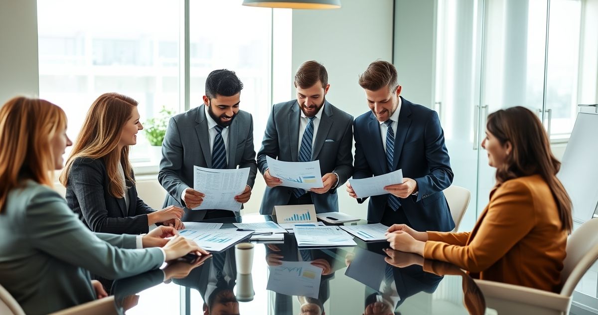 Financial advisors and clients planning charitable donations around a conference table