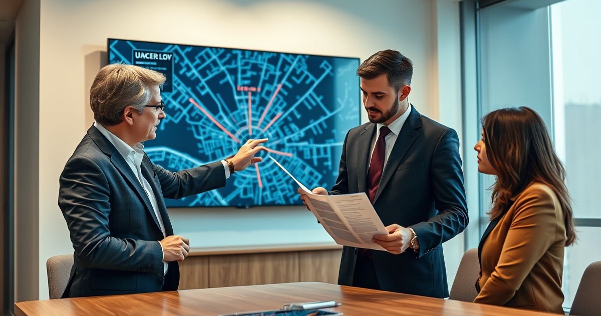 Two professionals discussing financial documents with a digital city map on a screen in a modern office, representing local lending regulations.