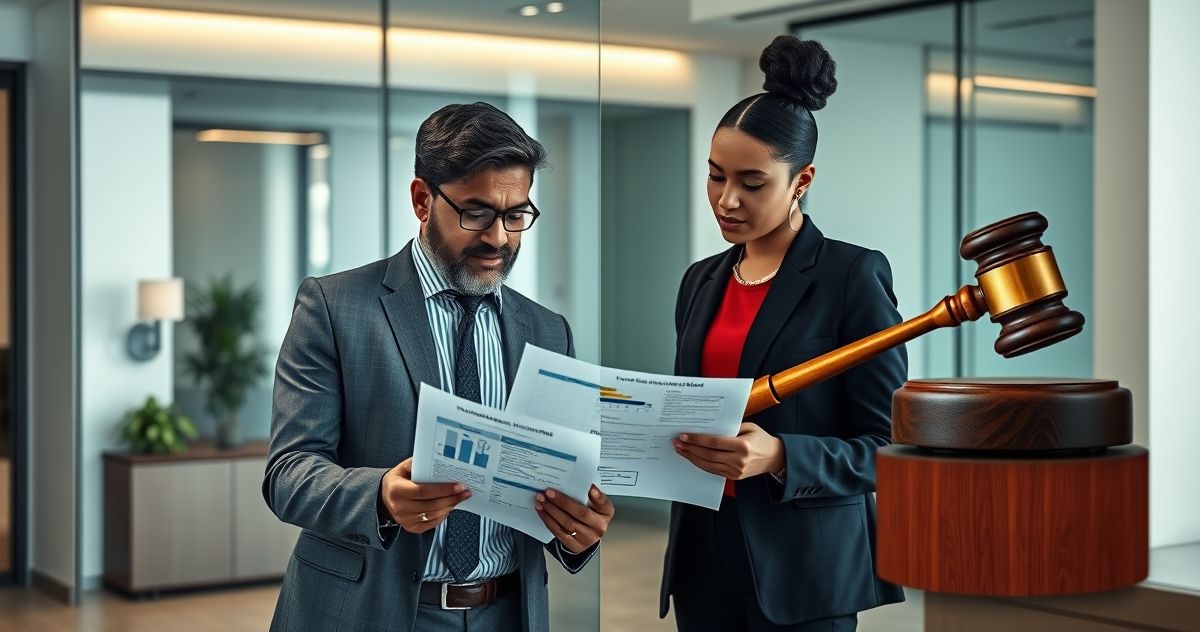 Tax advisor discussing financial penalties and legal consequences with client in a modern office setting