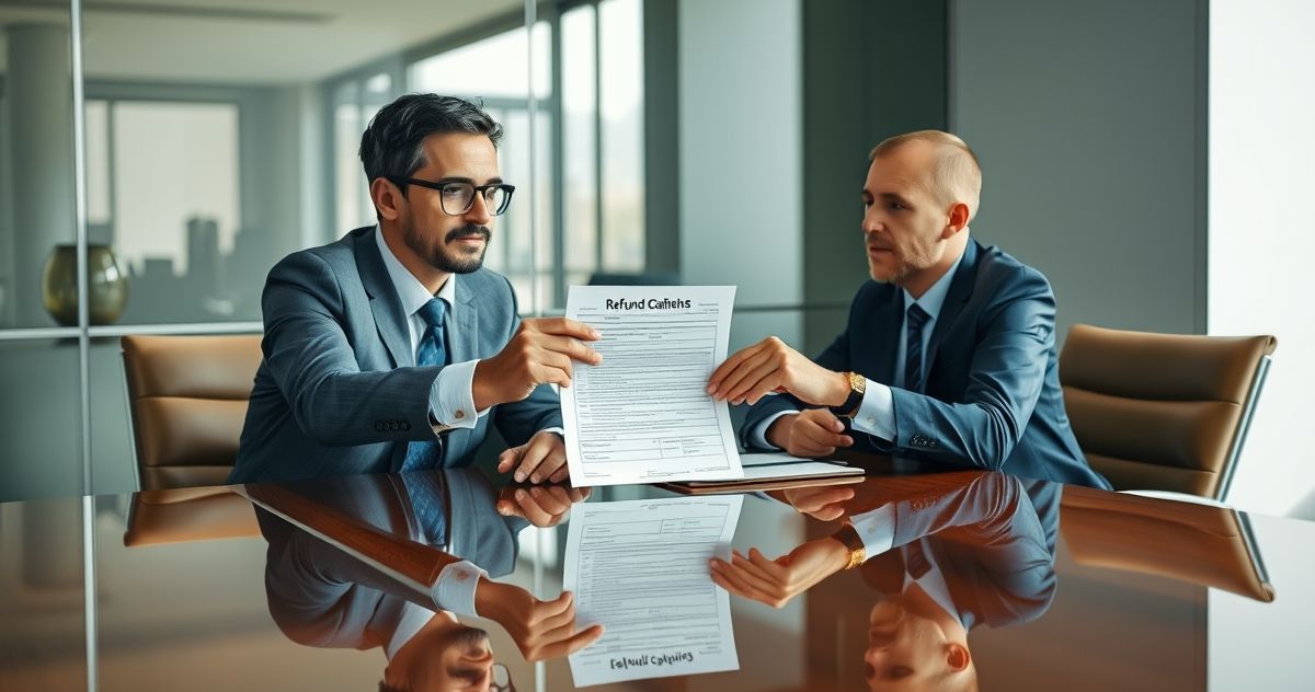 A financial advisor giving a refund claim form to a tax officer in an office setting