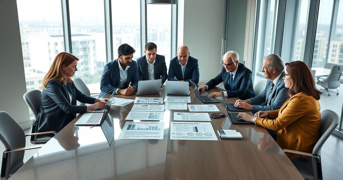 Financial advisors collaborating in a modern boardroom discussing Grantor Retained Annuity Trust documents