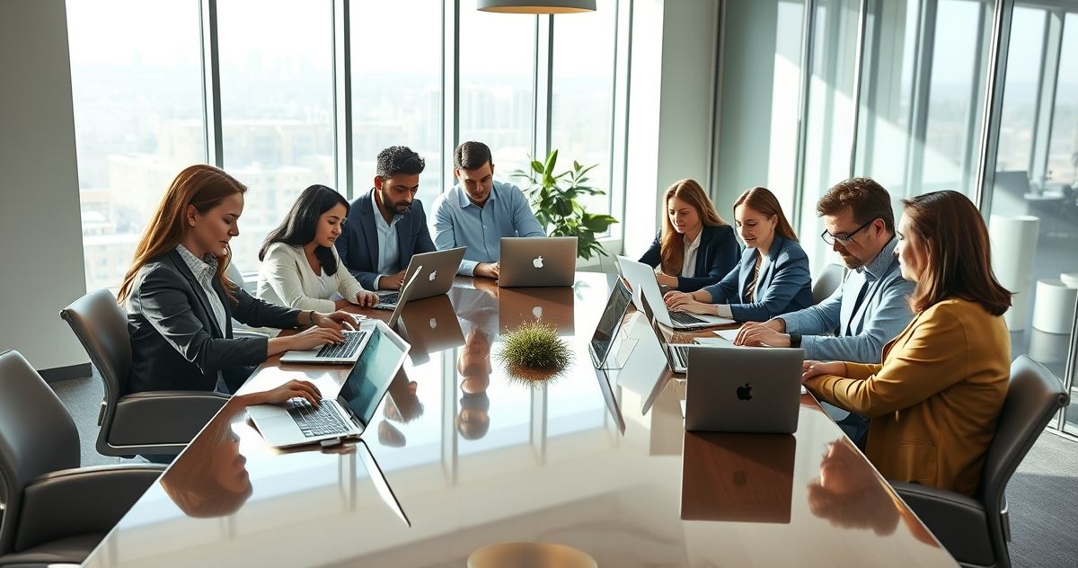 Tax professionals assisting taxpayers with IRS Free File on laptops in a modern office setting