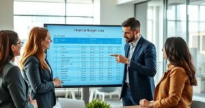 Diverse financial professionals reviewing zero-based budget worksheet on a touchscreen monitor in a modern office