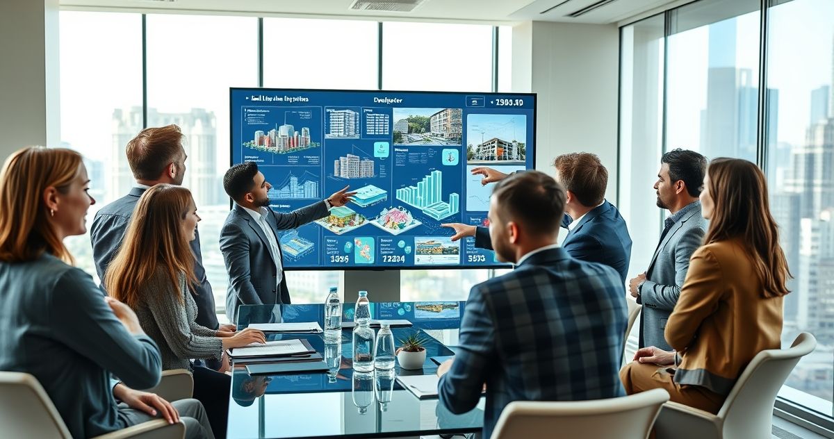 Professionals collaborating around a screen showing diverse financial models for commercial properties.