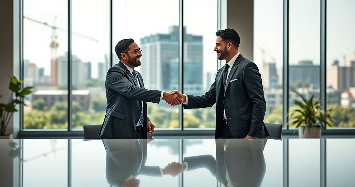 A bank executive shaking hands with a diverse small business owner in a modern bank office with an urban revitalization project visible outside.