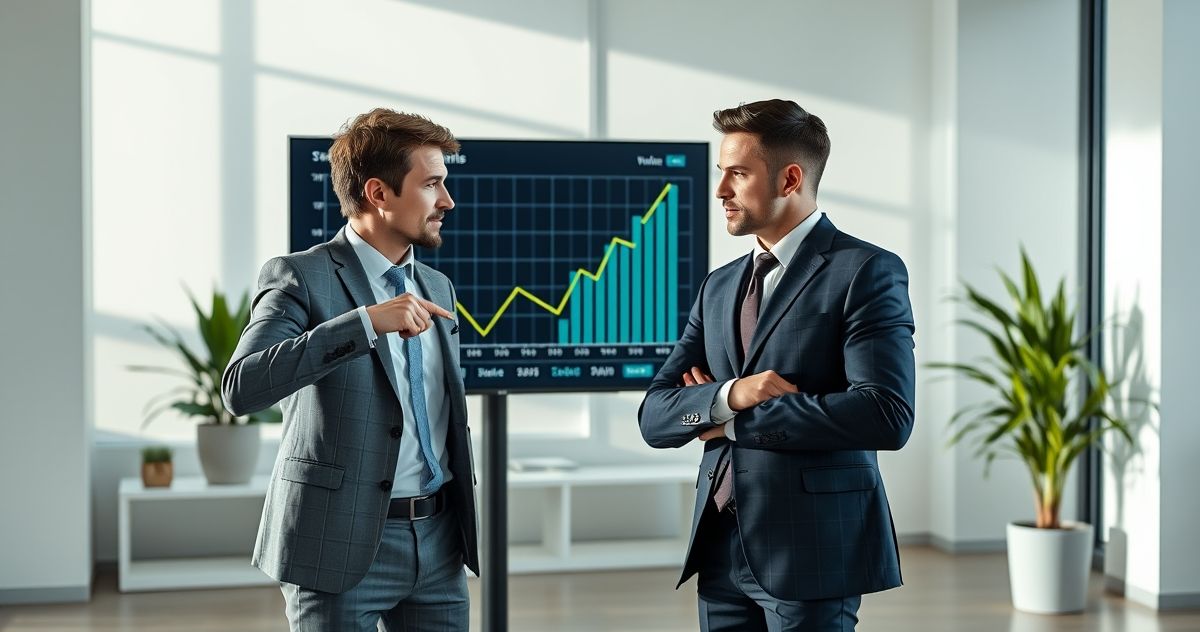 Two financial analysts discussing value stocks with stable dividends and growth stocks with rapid expansion on digital screens in a modern office.
