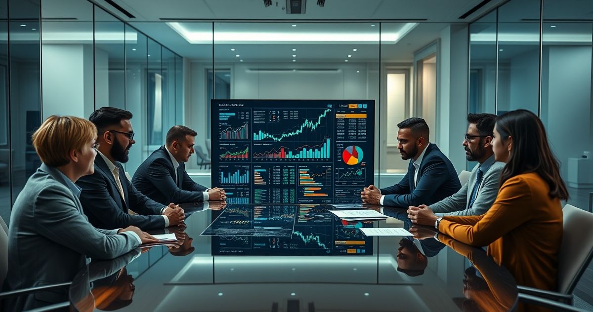 Financial professionals analyzing a digital screen showing financial data, representing a credit memo in lending.
