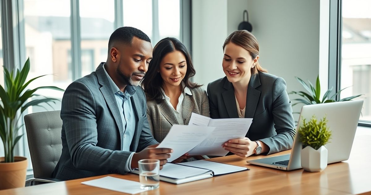 Married couple consulting a financial advisor about credit shelter trust documents in an office
