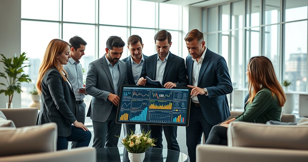 Financial advisors and clients reviewing cryptocurrency data on a digital tablet in a modern office
