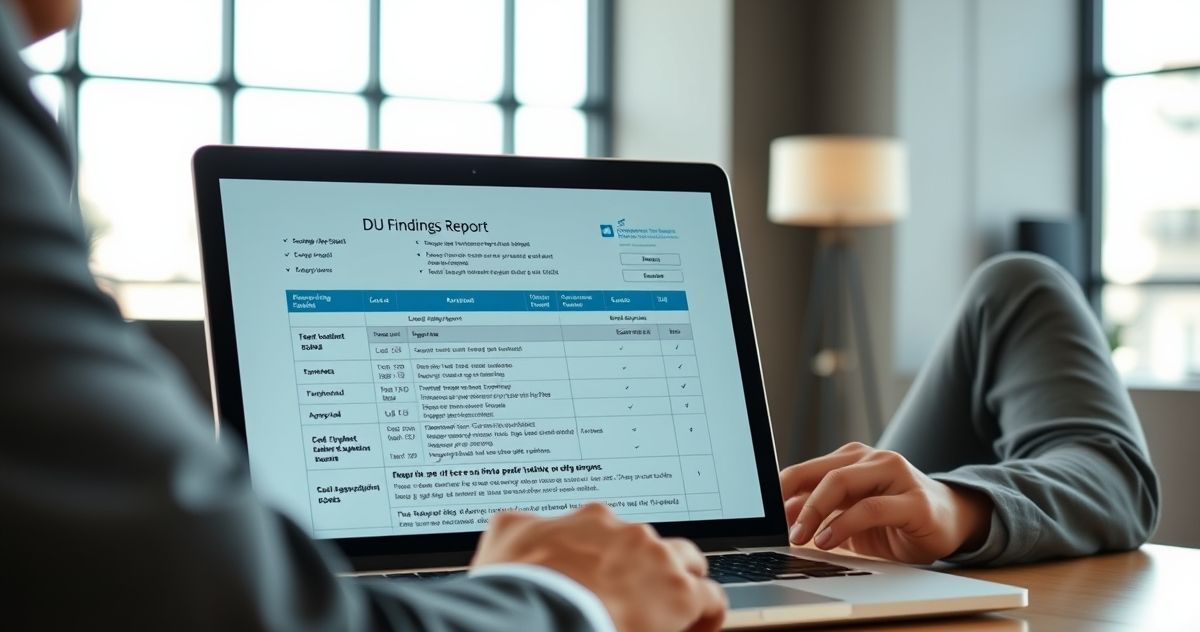 A mortgage professional reviewing a DU Findings Report on a laptop screen in a modern office setting.