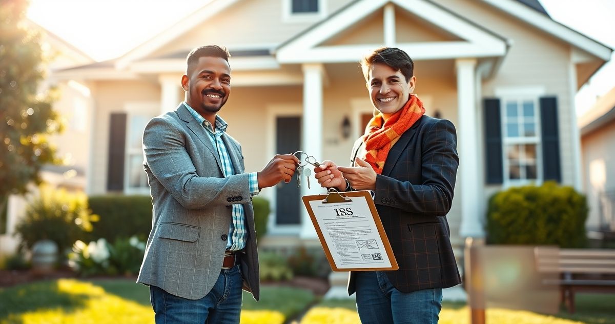 Real estate agent giving house keys to a couple with an IRS document symbolizing discharge of federal tax lien on property