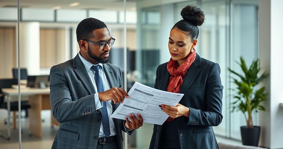 Two financial professionals in a modern office discussing tax forms illustrating difference between tax fraud and negligence