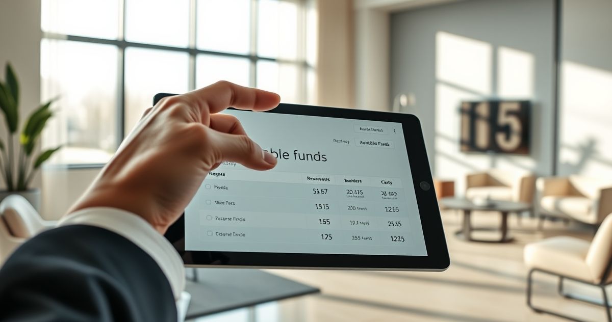 A close-up of a hand highlighting a financial reserve amount on a digital tablet in a modern office.