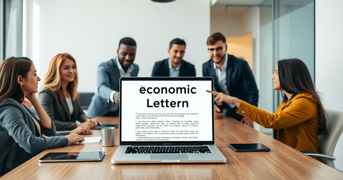 A diverse group of professionals collaborating around a table with an economic hardship letter template visible on a laptop screen