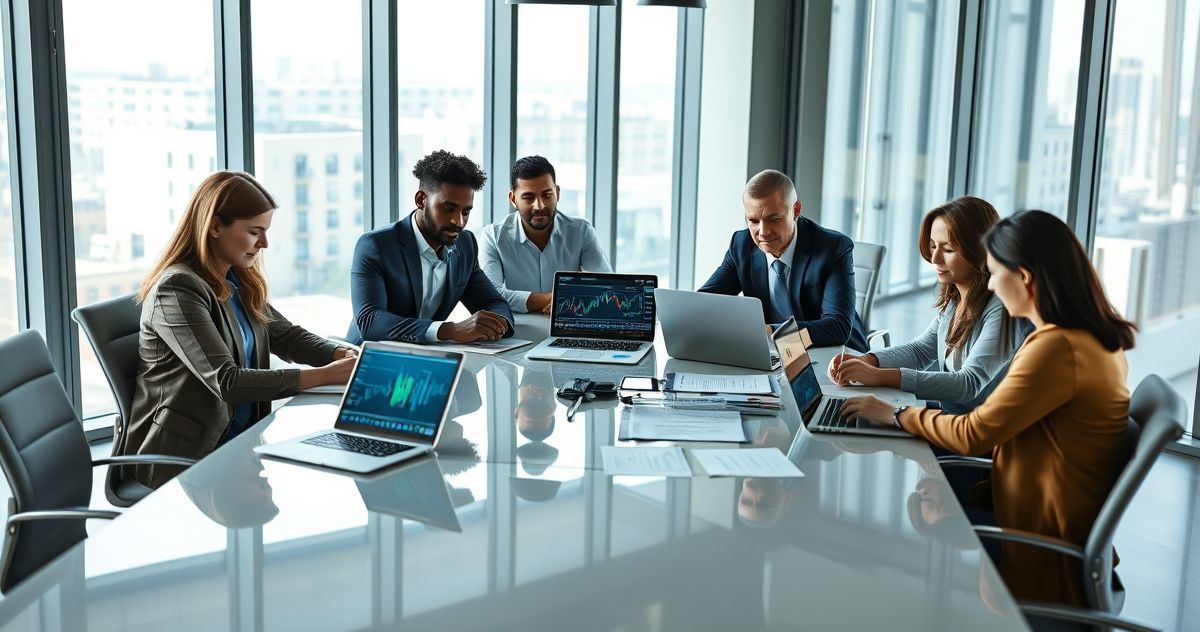 Diverse professionals examining stock option papers and digital charts in a modern office setting