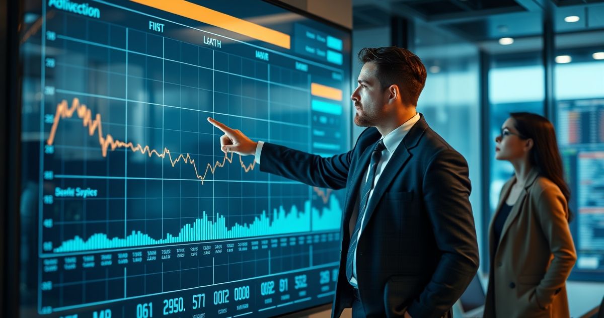 A professional financial analyst identifies a highlighted data anomaly on a large digital screen, demonstrating the concept of exception-based processing.