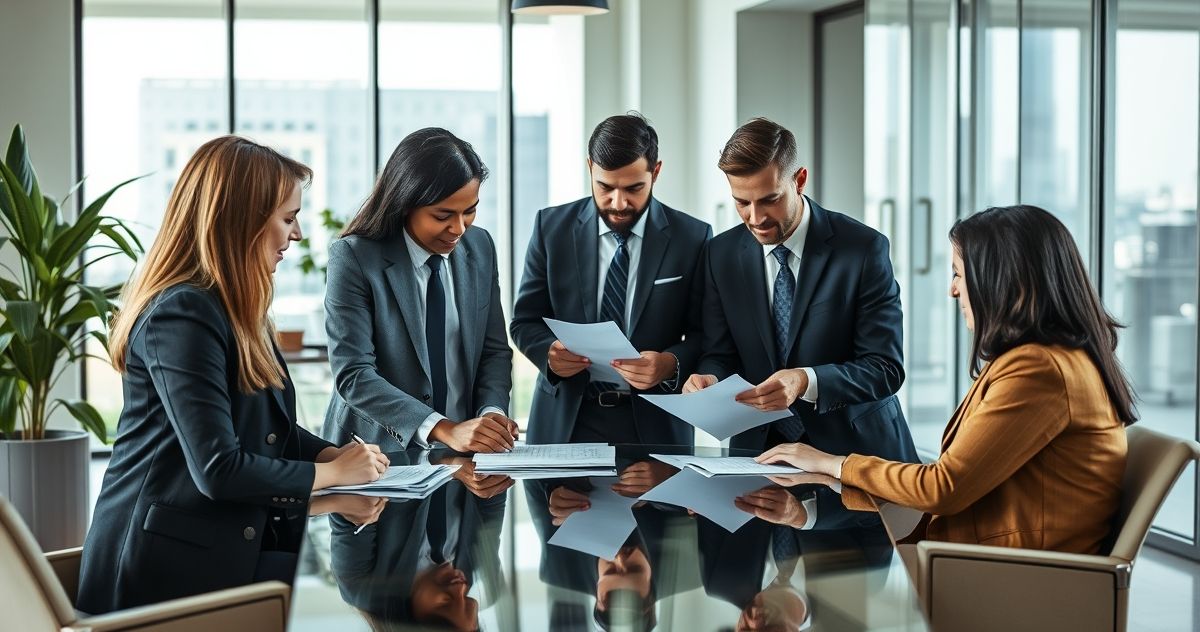 Financial advisors advising a client on expatriation tax in a modern office setting