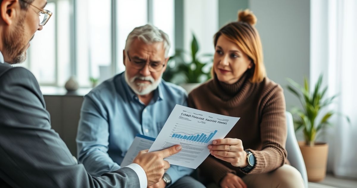 Financial advisor discussing cash value details with a couple in a bright office