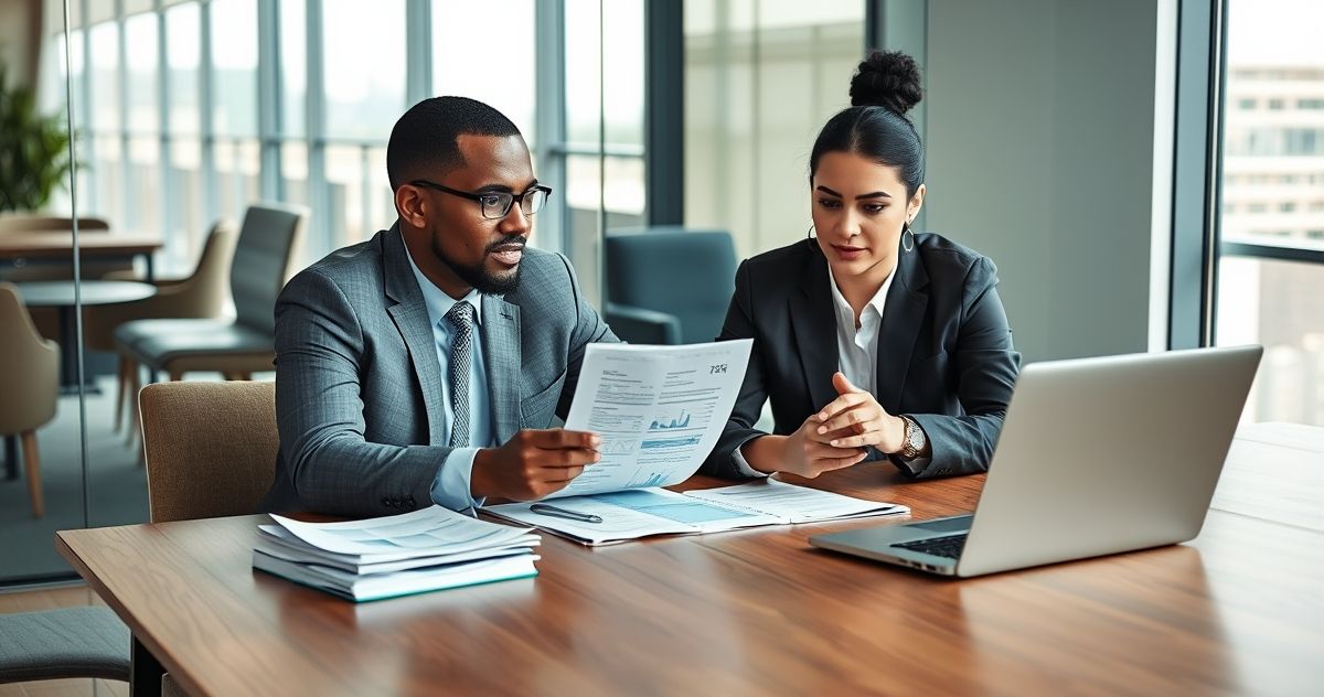 Financial advisor discussing Form 1099-A with clients at a modern office.
