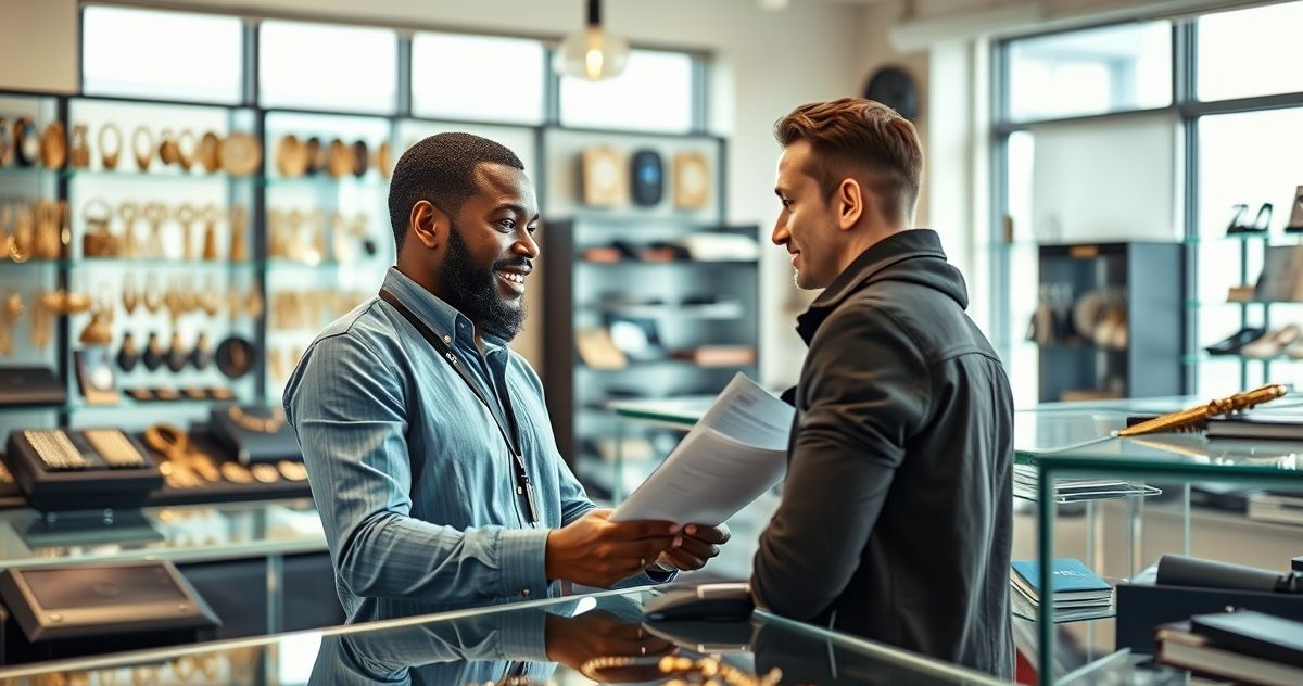 Professional advising a customer about pawn shop loans at a modern, well-lit pawn shop counter with items displayed