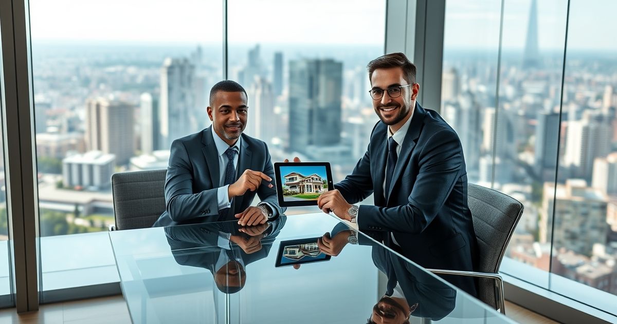 A financial professional shows a client a high-value property on a tablet, illustrating an FNMA High Balance Loan.