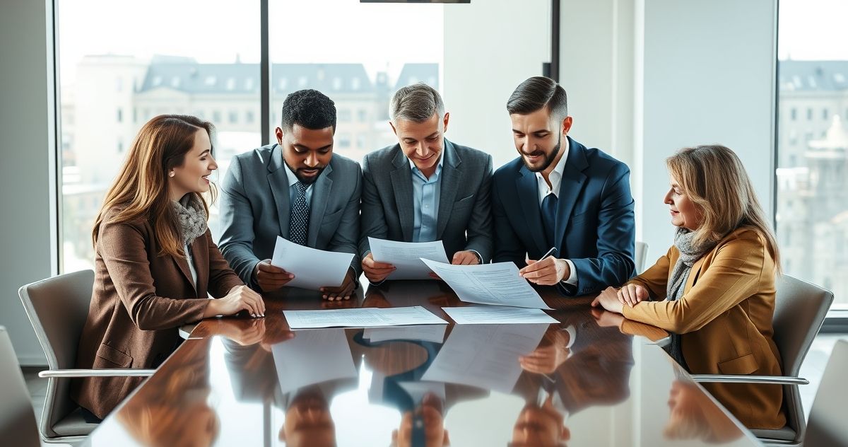 Family members consulting a legal advisor about family limited partnership documents at a conference table in a modern office.