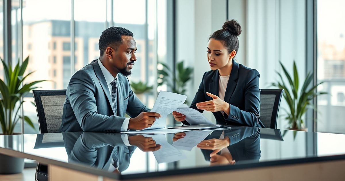 Financial advisor and client engaged in a serious discussion in a modern office space emphasizing fiduciary responsibility