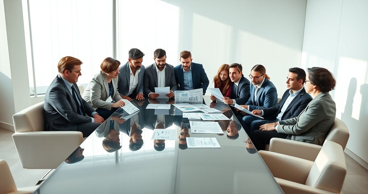Financial professionals reviewing IRS Form 990-T and strategizing in a modern office