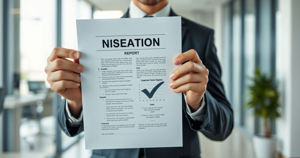 A professional holding a document with a checkmark, symbolizing compliance, in a modern office setting.