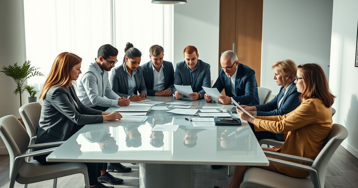 Financial advisors discussing hardship withdrawal options with clients in a modern office setting