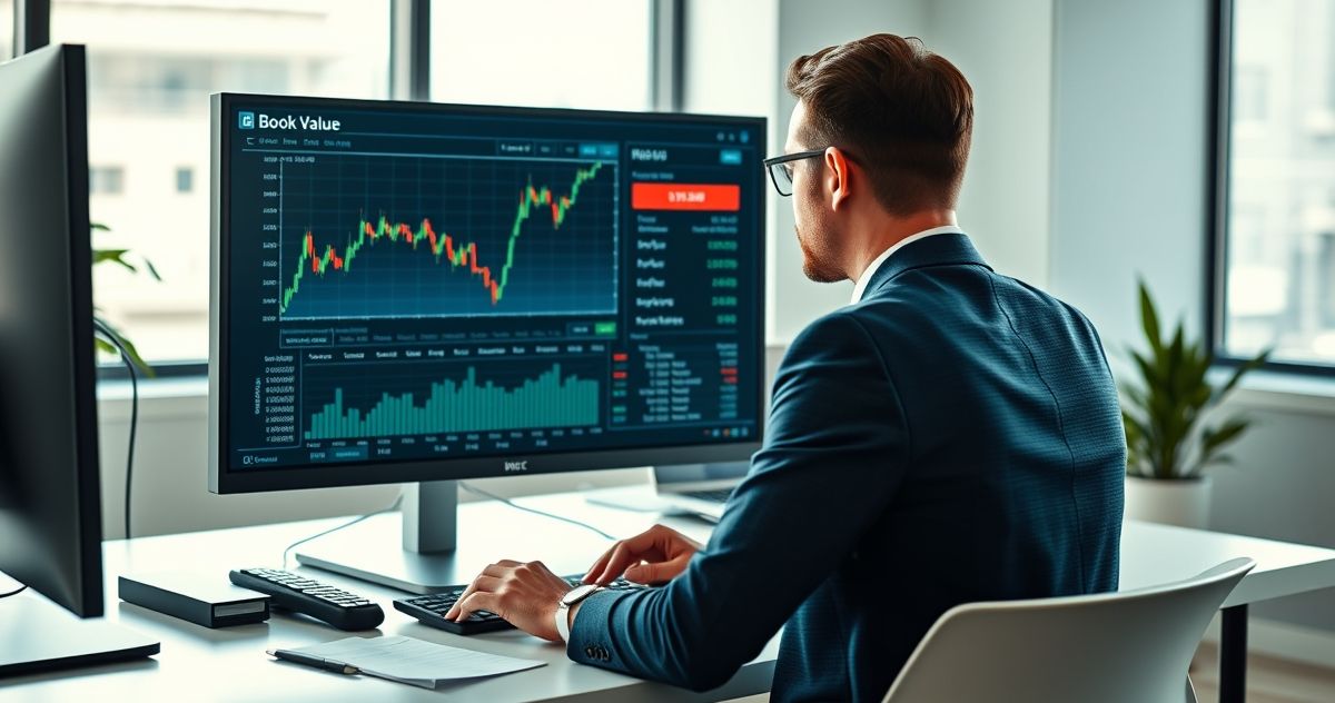 Financial analyst examining stock price chart and balance sheet on dual monitors in a modern office