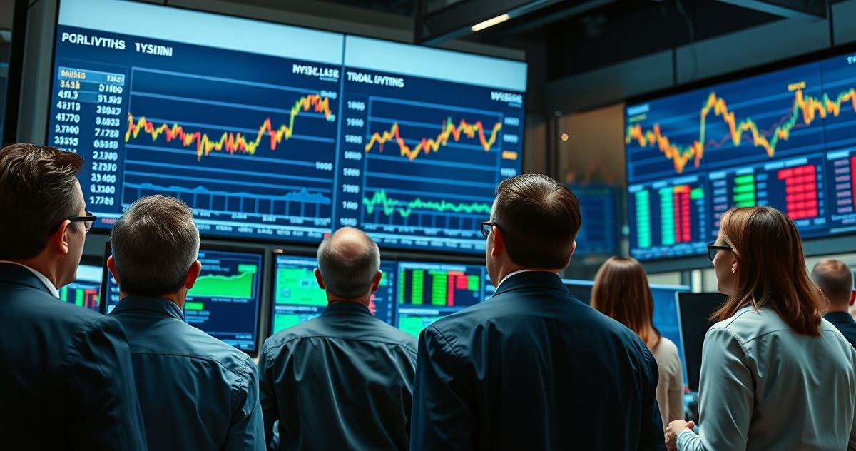 Financial analysts observing Dow Jones Industrial Average stock graphs on multiple monitors in a modern trading floor