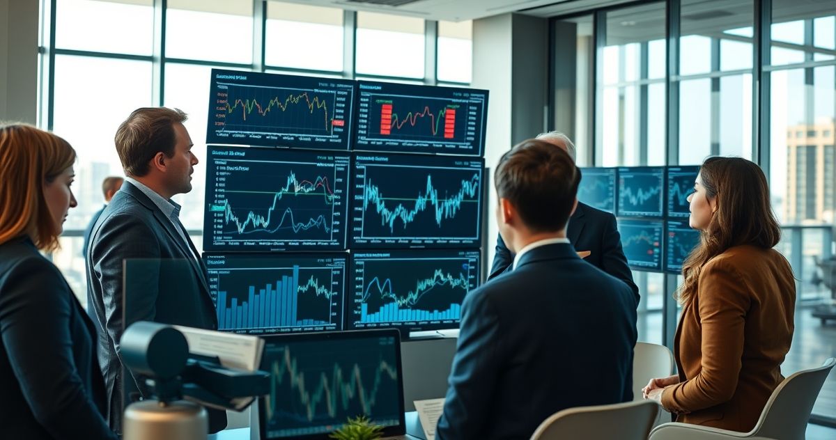 Diverse financial professionals analyzing Treasury securities data on transparent digital screens in a corporate office