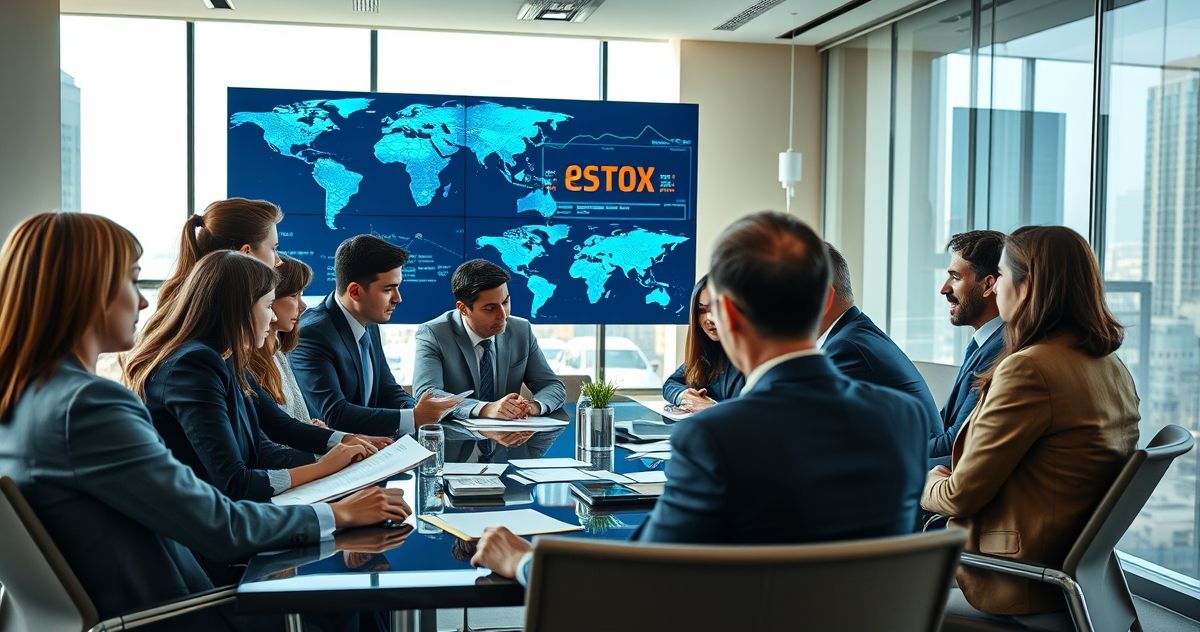 Diverse financial team analyzing international tax compliance documents and digital data screens in a sleek office