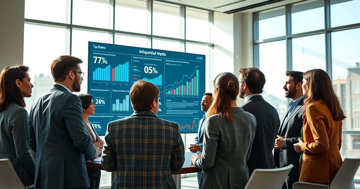 Diverse financial experts analyzing tax reform data on a digital screen in a modern corporate setting