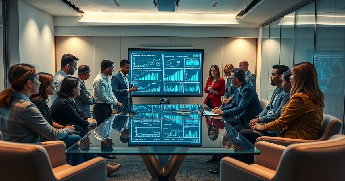 Diverse financial professionals reviewing depreciation charts and formulas in a modern office.