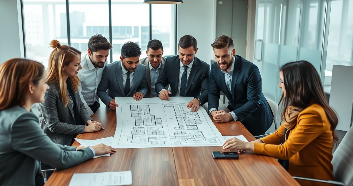 A diverse group of business professionals reviewing a floor plan diagram with financing documents on a table in a modern office.