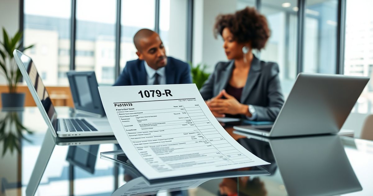 Form 1099-R tax document on glass desk with laptop and professionals reviewing data