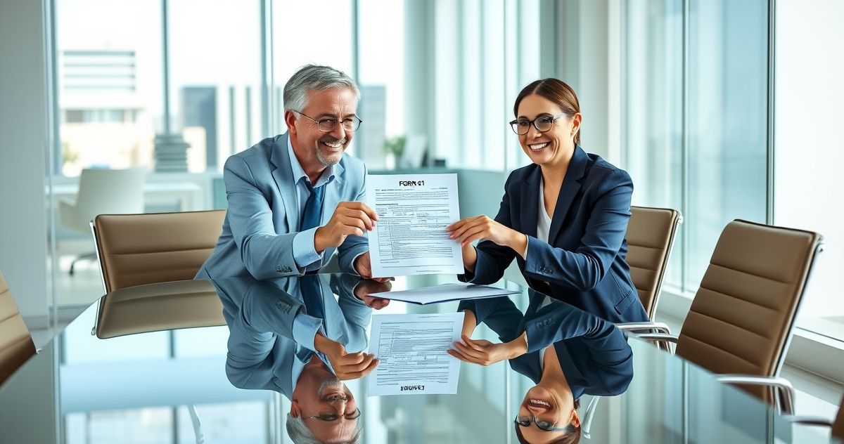 Tax advisor giving client Form 8821 in a modern office